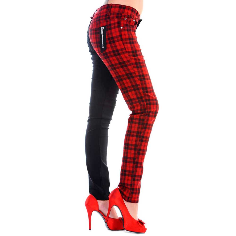 Banned - HALF BLACK HALF CHECK Skinny fit broek - Zwart/Rood